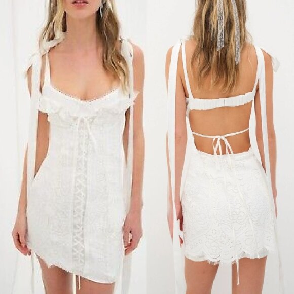 NWT $239 FOR LOVE AND LEMONS ZAHRA TIE SHOULDERS WHITE MINI DRESS SIZE XL - Picture 2 of 8